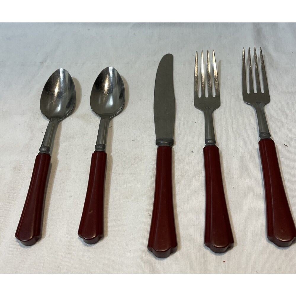 Vintage Red Bakelite Handle Stainless Steel Flatware Knives Forks Spoon